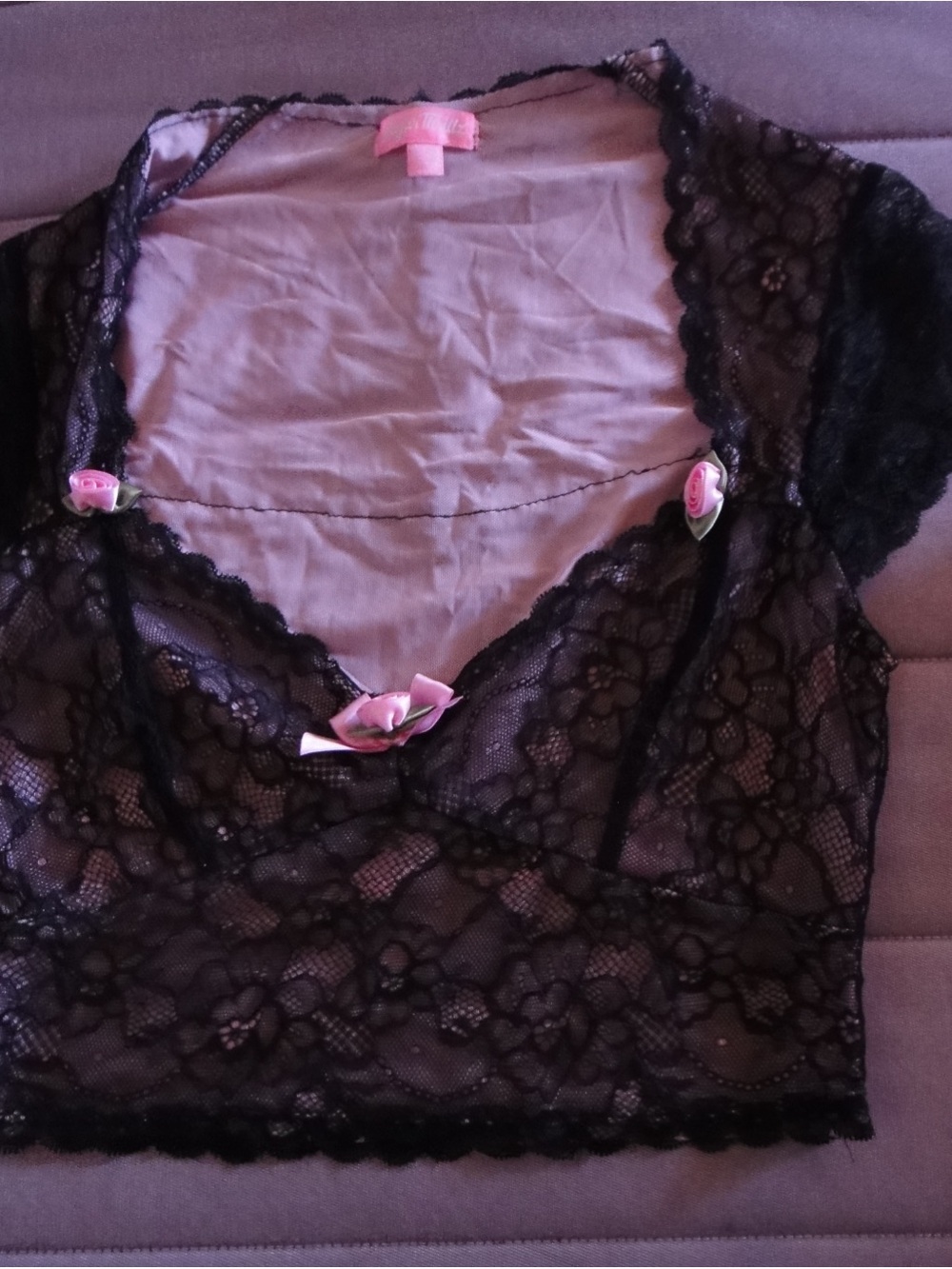 Sugar Thrillz Black Lace Camisole with Pink Rosebuds
